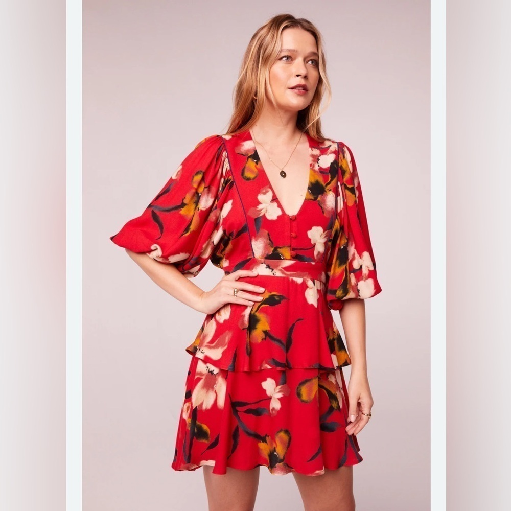 BAND OF THE FREE Dolly red floral puff sleeve woman mini bohemian dress NWT M